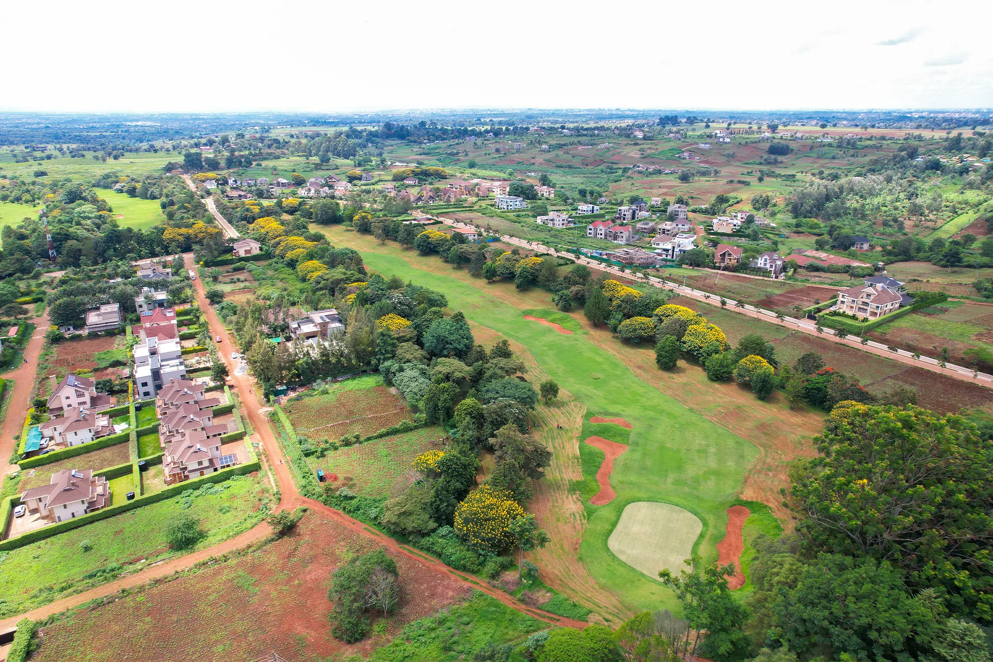 Migaa golf course fairways with Cassia trees in bloom — aerial photography Kenya